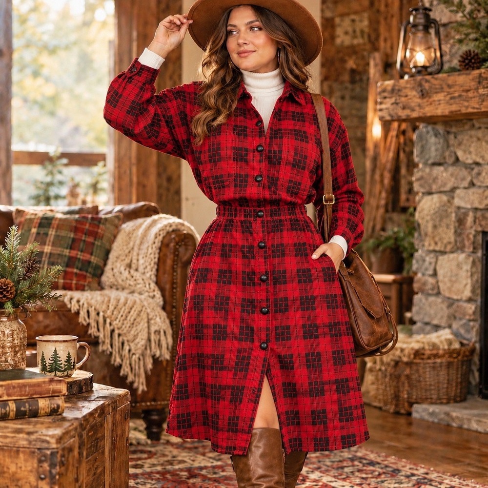 Vtg 90s Fads Corduroy Dress Red Black Buffalo Plaid Sz M Midi Grunge Cabin Cozy